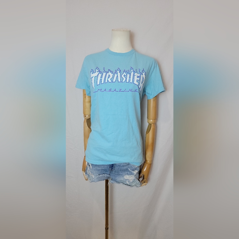 Vintage Trasher Magazines Shirt Adult Light Blue White Flames Logo Size Small